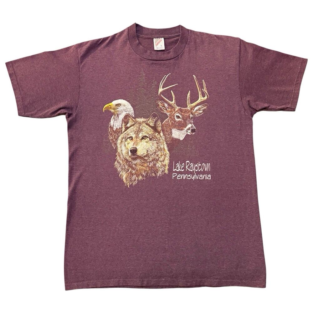 Vintage Jerzees Wolf Eagle Deer Lake Raystown PA T-Shirt L Wildlife Purple USA